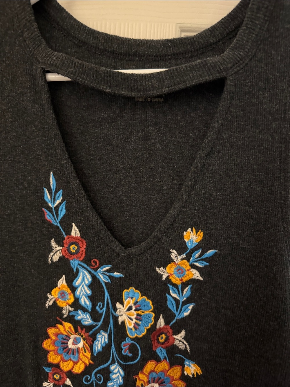 Shyanne Charcoal V-Neck Tank with Colorful Floral Embroidery - Picture 2 of 4